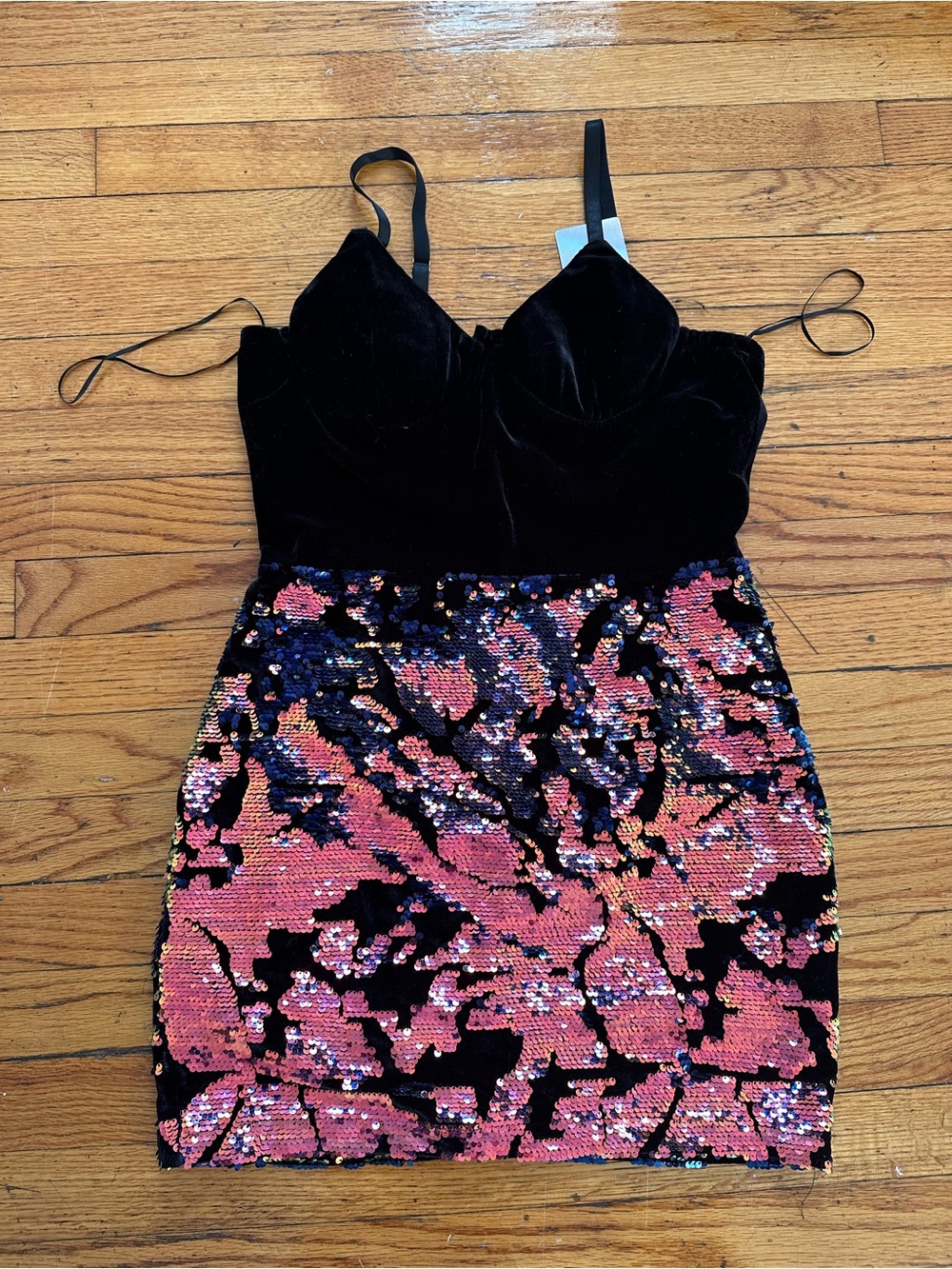 Meek Velvet Bodice Sequin Mini Dress - Black & Pink size L New